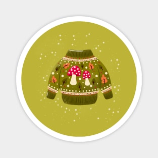 Christmas holiday sweater with cute mushrooms and leaves. Colorful winter festive illustration. Magnet